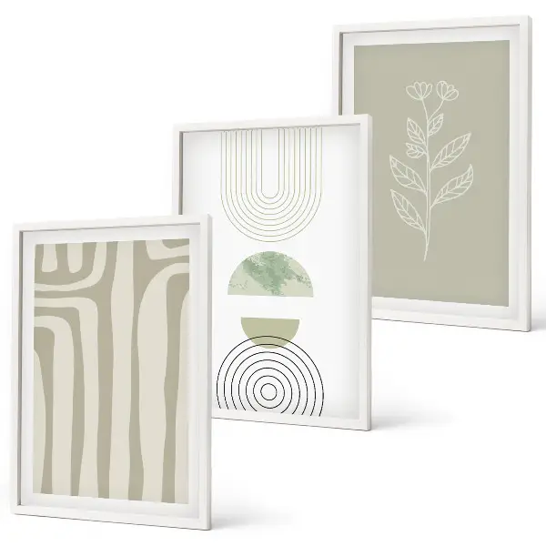 Set de 3 cuadros para salón con diseño de patrones geométricos y plantas