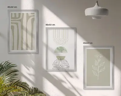Set de 3 cuadros para salón con diseño de patrones geométricos y plantas