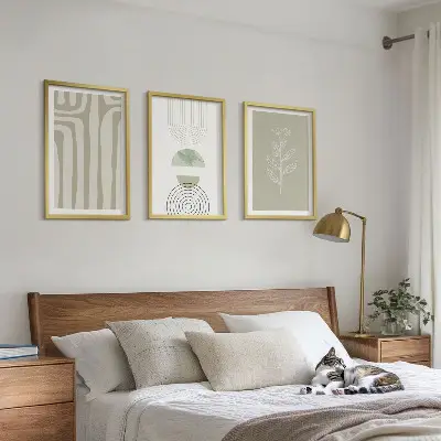 Set de 3 cuadros para salón con diseño de patrones geométricos y plantas