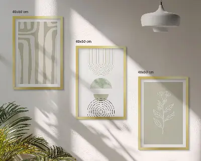 Set de 3 cuadros para salón con diseño de patrones geométricos y plantas