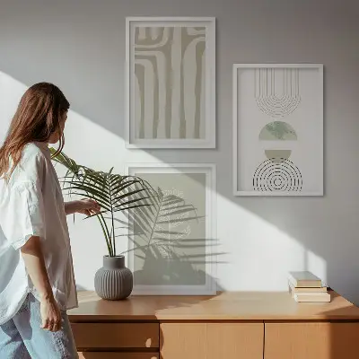 Set de 3 cuadros para salón con diseño de patrones geométricos y plantas