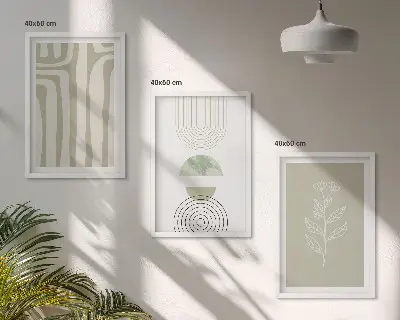 Set de 3 cuadros para salón con diseño de patrones geométricos y plantas
