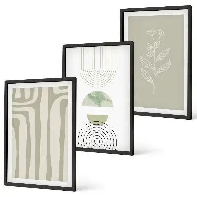 Set de 3 cuadros para salón con diseño de patrones geométricos y plantas