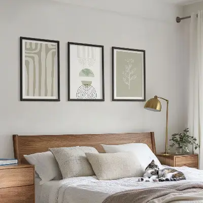 Set de 3 cuadros para salón con diseño de patrones geométricos y plantas