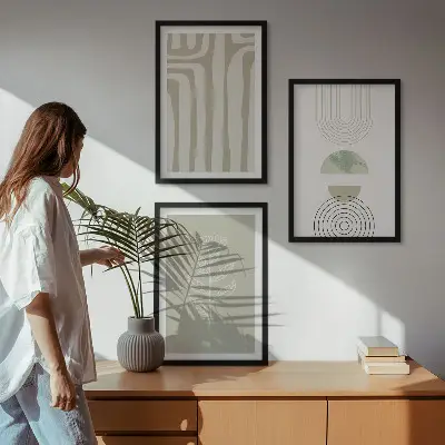 Set de 3 cuadros para salón con diseño de patrones geométricos y plantas