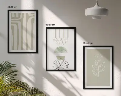 Set de 3 cuadros para salón con diseño de patrones geométricos y plantas