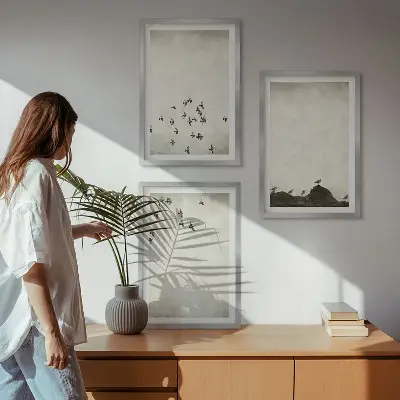 Set de 3 cuadros para salón con diseño de pájaros en vuelo estilo minimalista