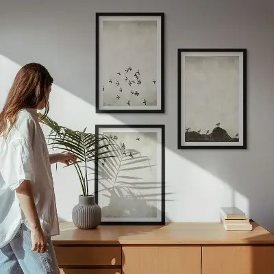 Set de 3 cuadros para salón con diseño de pájaros en vuelo estilo minimalista