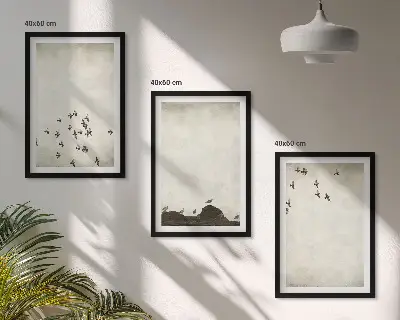 Set de 3 cuadros para salón con diseño de pájaros en vuelo estilo minimalista