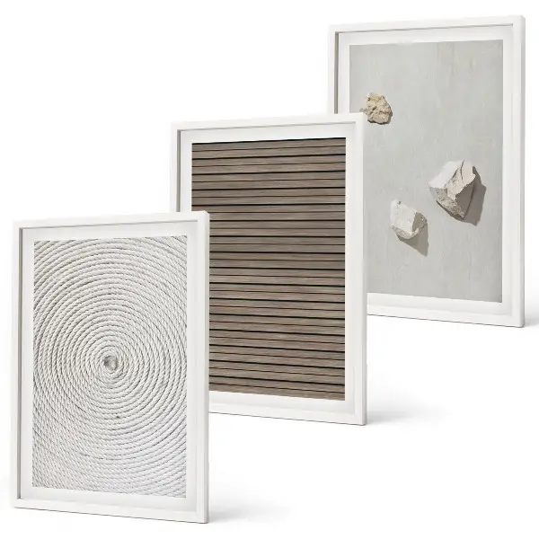 Set de 3 cuadros para salón con texturas naturales de madera y piedra