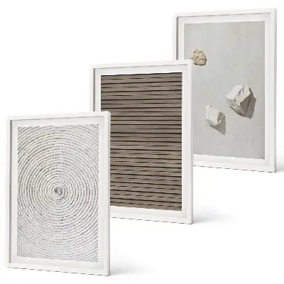 Set de 3 cuadros para salón con texturas naturales de madera y piedra