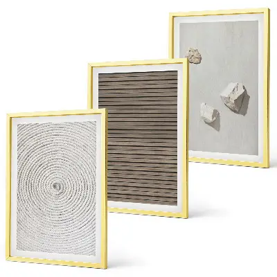 Set de 3 cuadros para salón con texturas naturales de madera y piedra