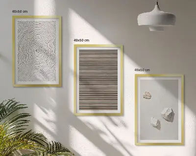 Set de 3 cuadros para salón con texturas naturales de madera y piedra