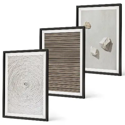 Set de 3 cuadros para salón con texturas naturales de madera y piedra