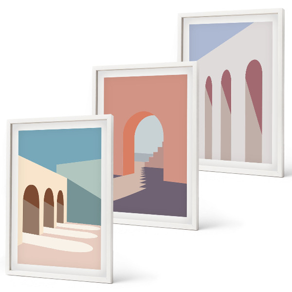 Set de 3 cuadros para salón Gráficos arquitectónicos en tonos pastel