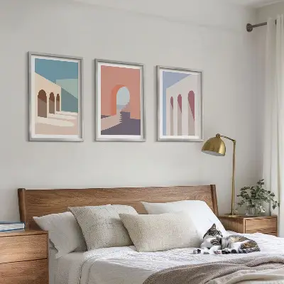 Set de 3 cuadros decorativos para salón con diseño de gráficos arquitectónicos en tonos pastel