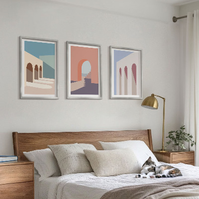 Set de 3 cuadros para salón Gráficos arquitectónicos en tonos pastel