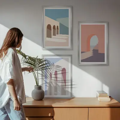 Set de 3 cuadros decorativos para salón con diseño de gráficos arquitectónicos en tonos pastel