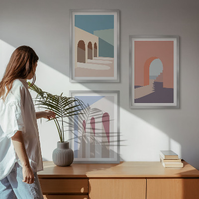 Set de 3 cuadros para salón Gráficos arquitectónicos en tonos pastel