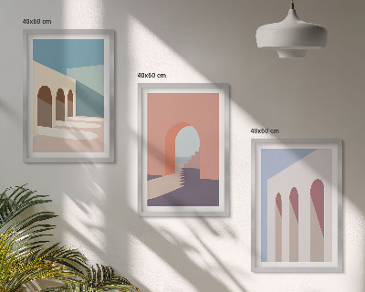 Set de 3 cuadros para salón Gráficos arquitectónicos en tonos pastel