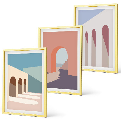 Set de 3 cuadros para salón Gráficos arquitectónicos en tonos pastel