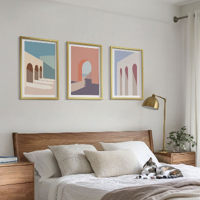 Set de 3 cuadros para salón Gráficos arquitectónicos en tonos pastel