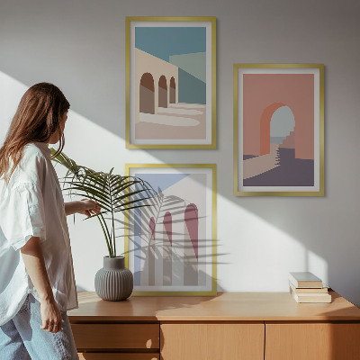 Set de 3 cuadros para salón Gráficos arquitectónicos en tonos pastel