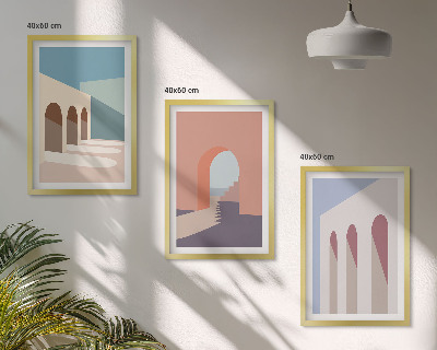 Set de 3 cuadros para salón Gráficos arquitectónicos en tonos pastel