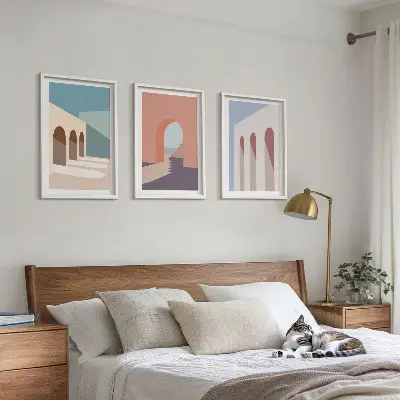Set de 3 cuadros decorativos para salón con diseño de gráficos arquitectónicos en tonos pastel