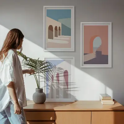 Set de 3 cuadros decorativos para salón con diseño de gráficos arquitectónicos en tonos pastel
