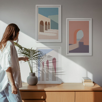 Set de 3 cuadros para salón Gráficos arquitectónicos en tonos pastel