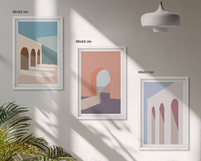 Set de 3 cuadros para salón Gráficos arquitectónicos en tonos pastel