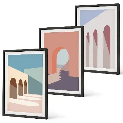 Set de 3 cuadros decorativos para salón con diseño de gráficos arquitectónicos en tonos pastel