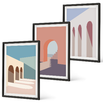 Set de 3 cuadros para salón Gráficos arquitectónicos en tonos pastel