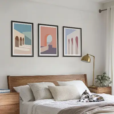 Set de 3 cuadros decorativos para salón con diseño de gráficos arquitectónicos en tonos pastel