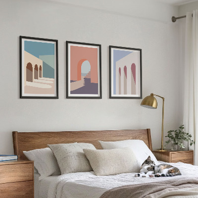 Set de 3 cuadros para salón Gráficos arquitectónicos en tonos pastel