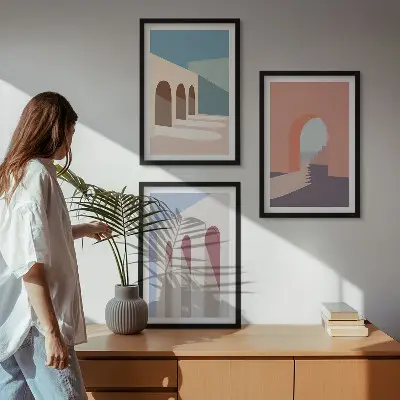 Set de 3 cuadros decorativos para salón con diseño de gráficos arquitectónicos en tonos pastel