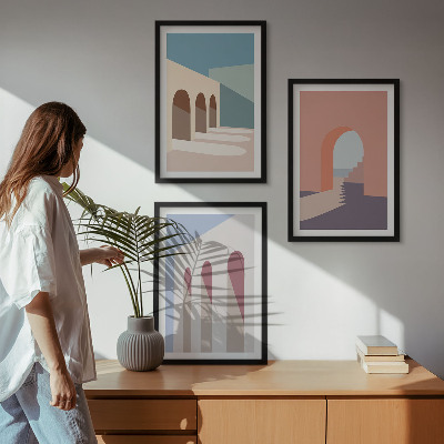 Set de 3 cuadros para salón Gráficos arquitectónicos en tonos pastel