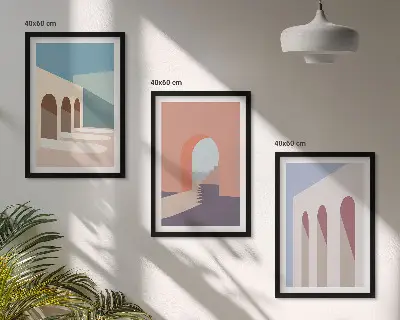 Set de 3 cuadros decorativos para salón con diseño de gráficos arquitectónicos en tonos pastel