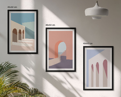 Set de 3 cuadros para salón Gráficos arquitectónicos en tonos pastel