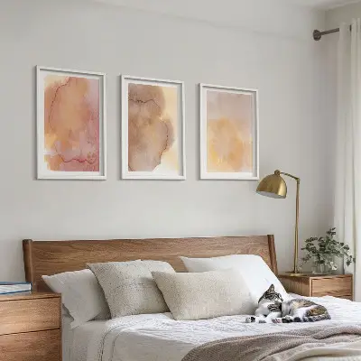 Set de 3 cuadros para salón con diseño de texturas cálidas y coloridas en acuarela