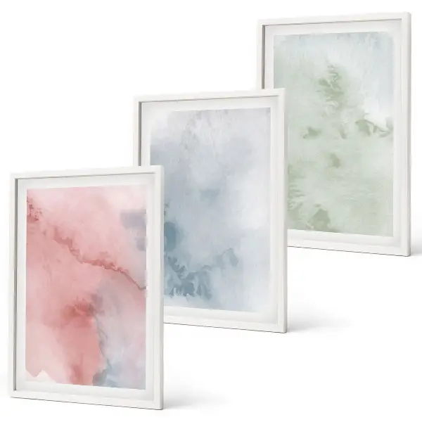 Set de 3 cuadros para salón con diseño de estructuras de acuarela pastel