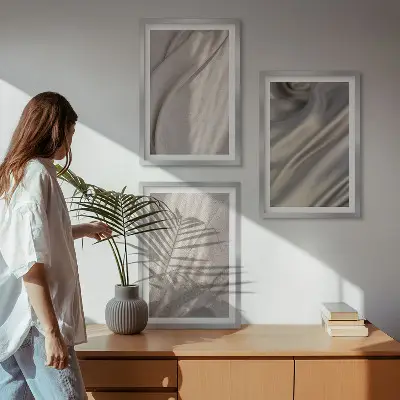 Juego de 3 cuadros con telas bohemias naturales en primer plano