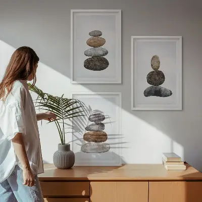 Set de 3 cuadros para salón con diseño de piedras bohemias minimalistas