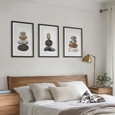 Set de 3 cuadros para salón con diseño de piedras bohemias minimalistas