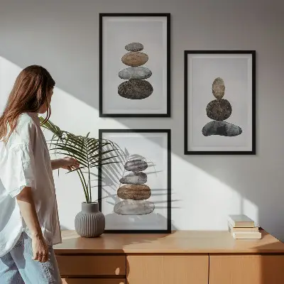 Set de 3 cuadros para salón con diseño de piedras bohemias minimalistas