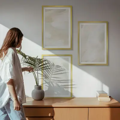 Set de 3 cuadros para salón con diseño de pinturas brillantes en estilo boho abstracto