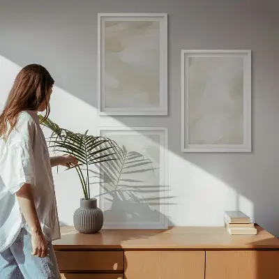 Set de 3 cuadros para salón con diseño de pinturas brillantes en estilo boho abstracto