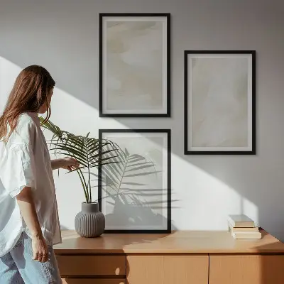 Set de 3 cuadros para salón con diseño de pinturas brillantes en estilo boho abstracto