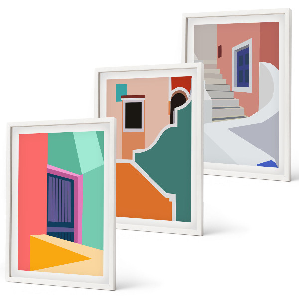 Set de 3 cuadros para salón Ilustraciones coloridas de edificios